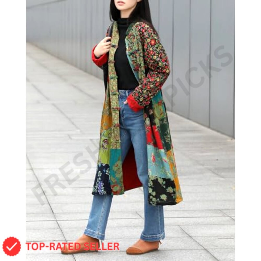 Cotton Linen Patchwork Long Jacket Oversized Cott… - image 2